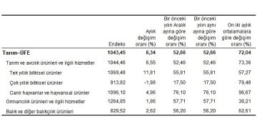 Tarım eserleri üretici fiyat endeksi (Tarım-ÜFE) yıllık yüzde 52,66, aylık yüzde 6,34 arttı