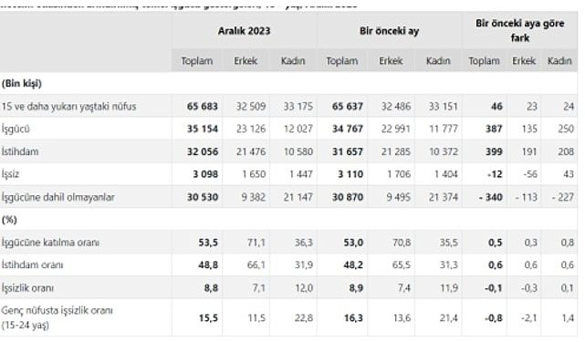 TÜİK: Mevsim tesirinden arındırılmış işsizlik oranı %8,8 düzeyinde gerçekleşti